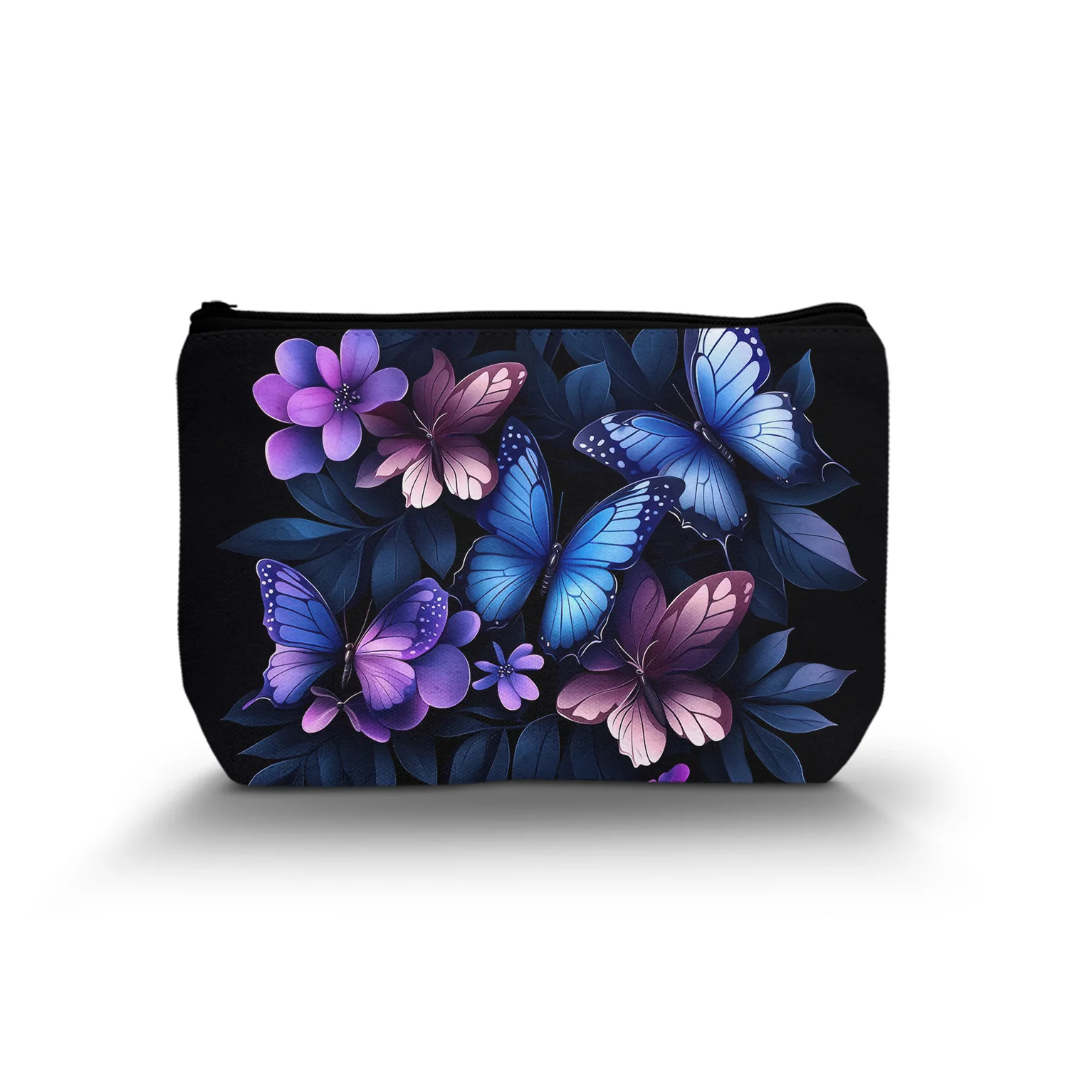 1Pc Classic Purple Butterfly And Flower Printed Zipper Clutch Toiletry Wash Bag For Women Dating Garden Outdoor 8.66x5.51Inch