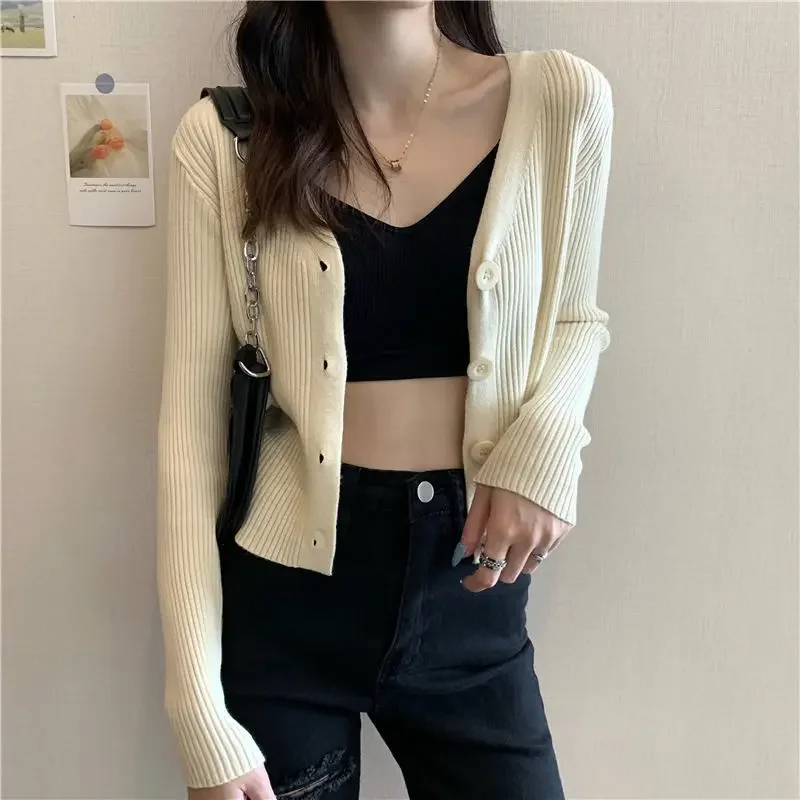 Woman Sweaters Cardigan V-neck Knitted Cardigan Sweater Coat Women\'s Autumn Outer Wear White Long-Sleeved Top Sueters De Mujer