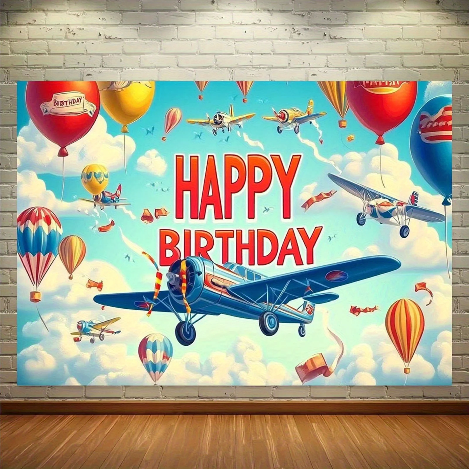 Airplane Hot Air Balloon Happy Birthday Kids Party 2D Flat Banner Aviation Theme Decor Boy Girl Celebration Wall HangingTapestry