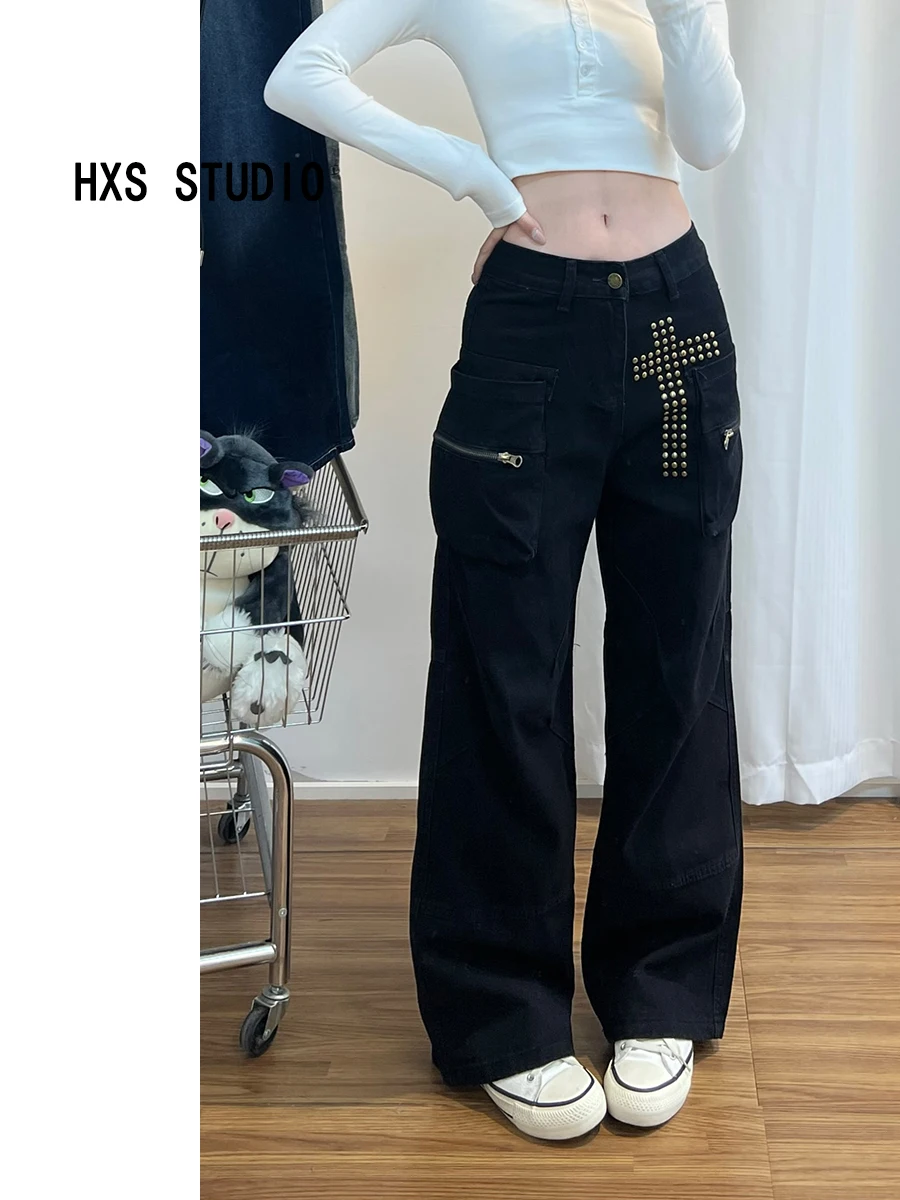 Design Sensation Double Zipper Buckle Denim Pants Women's Loose Wide Leg Straight Leg Jeans Spring New Style High Waist Denim