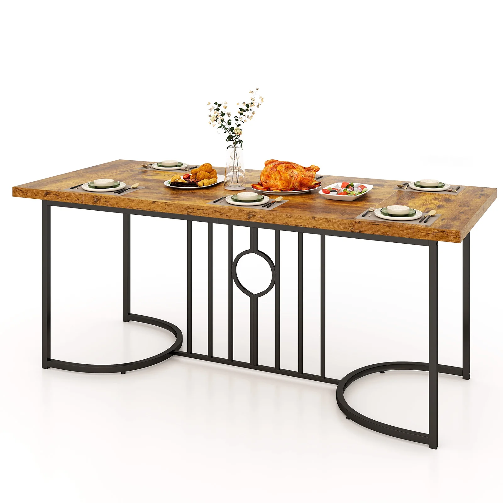 Dining room table, 180x79 cm, rectangular wood and metal kitchen table, up to 135 kg, dining table for 6-8 people, large table