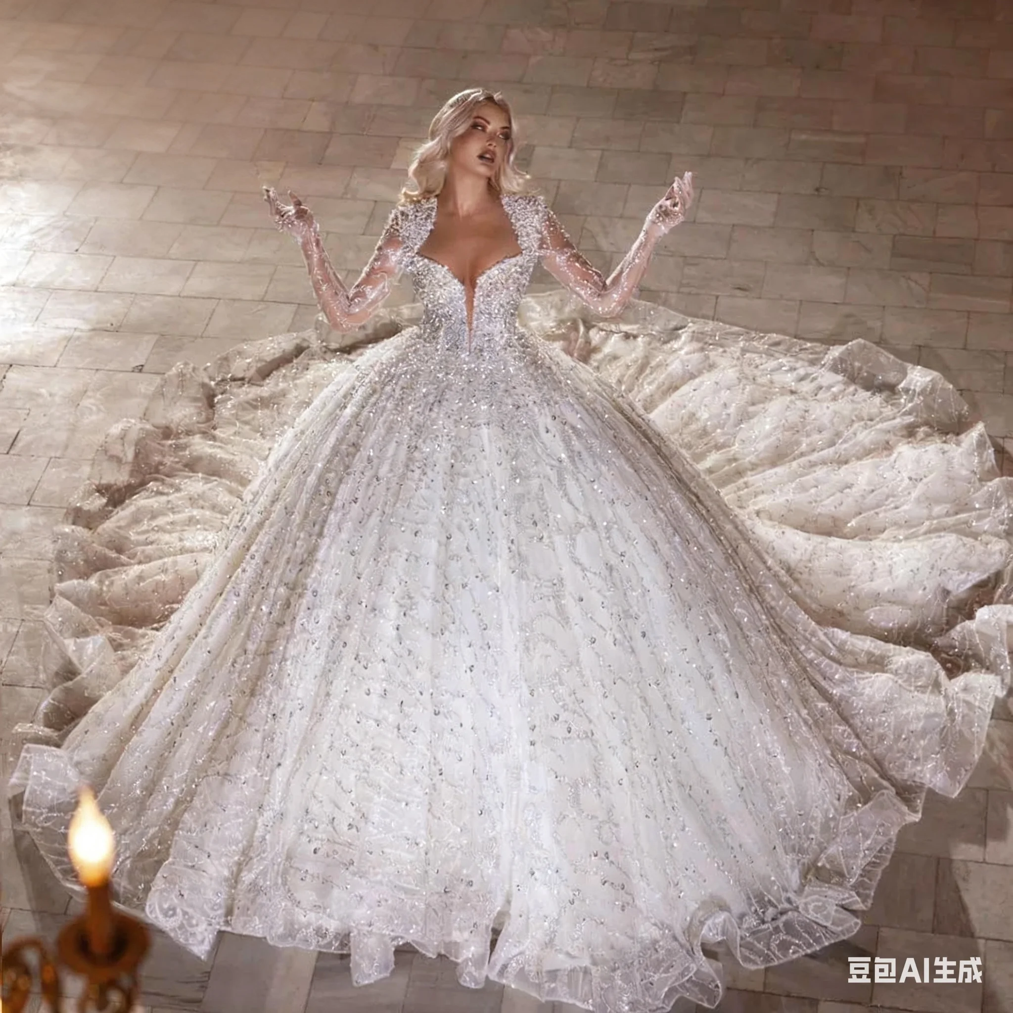 Robe De mariée De luxe personnalisée à manches longues, en dentelle brodée, avec traîne Court, exquise