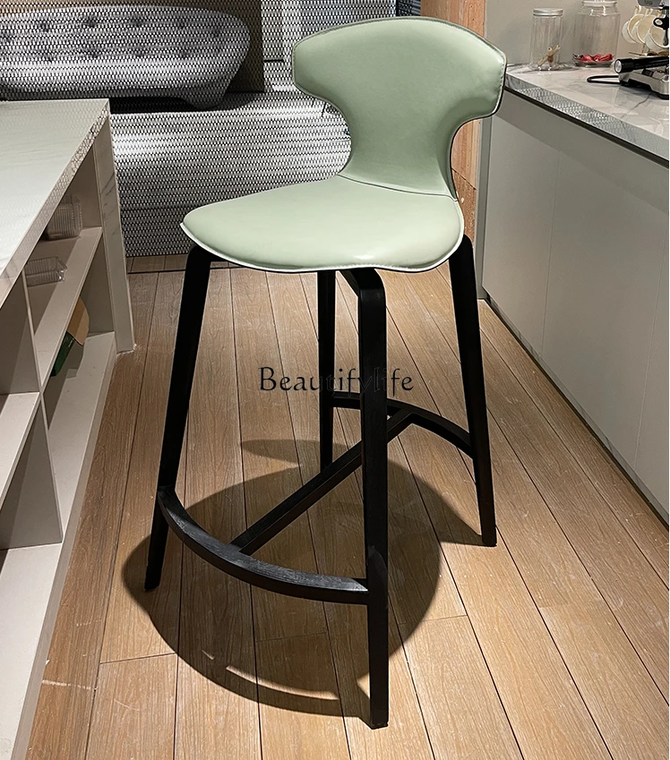 

High-End Italian Minimalist Solid Wood Leather Modern Minimalist Saddle Leather High Leg Bar Stool High Stool