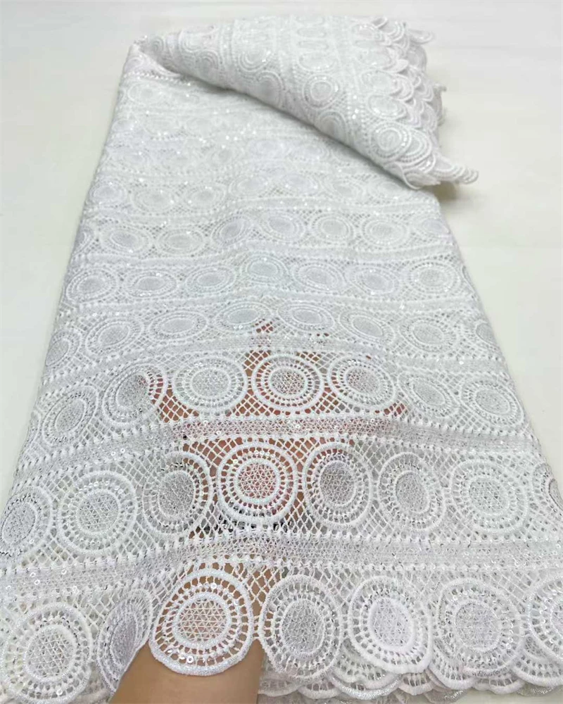Afrikanischer Nigeria Hochwertiger Pailletten-Stickerei-Tüll-Spitzenstoff, 5 Yards, Guipure-Kleid, Perlen, Stein für Hochzeitsfeier