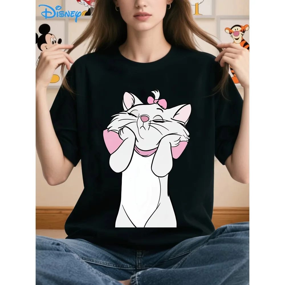 تي شيرت ديزني وايت كات مع فيونكة وردية ونمط ميني ماوس معانقة وجه قطة ناعمة برقبة دائرية وأكمام قصيرة من القطن الكاجوال #2