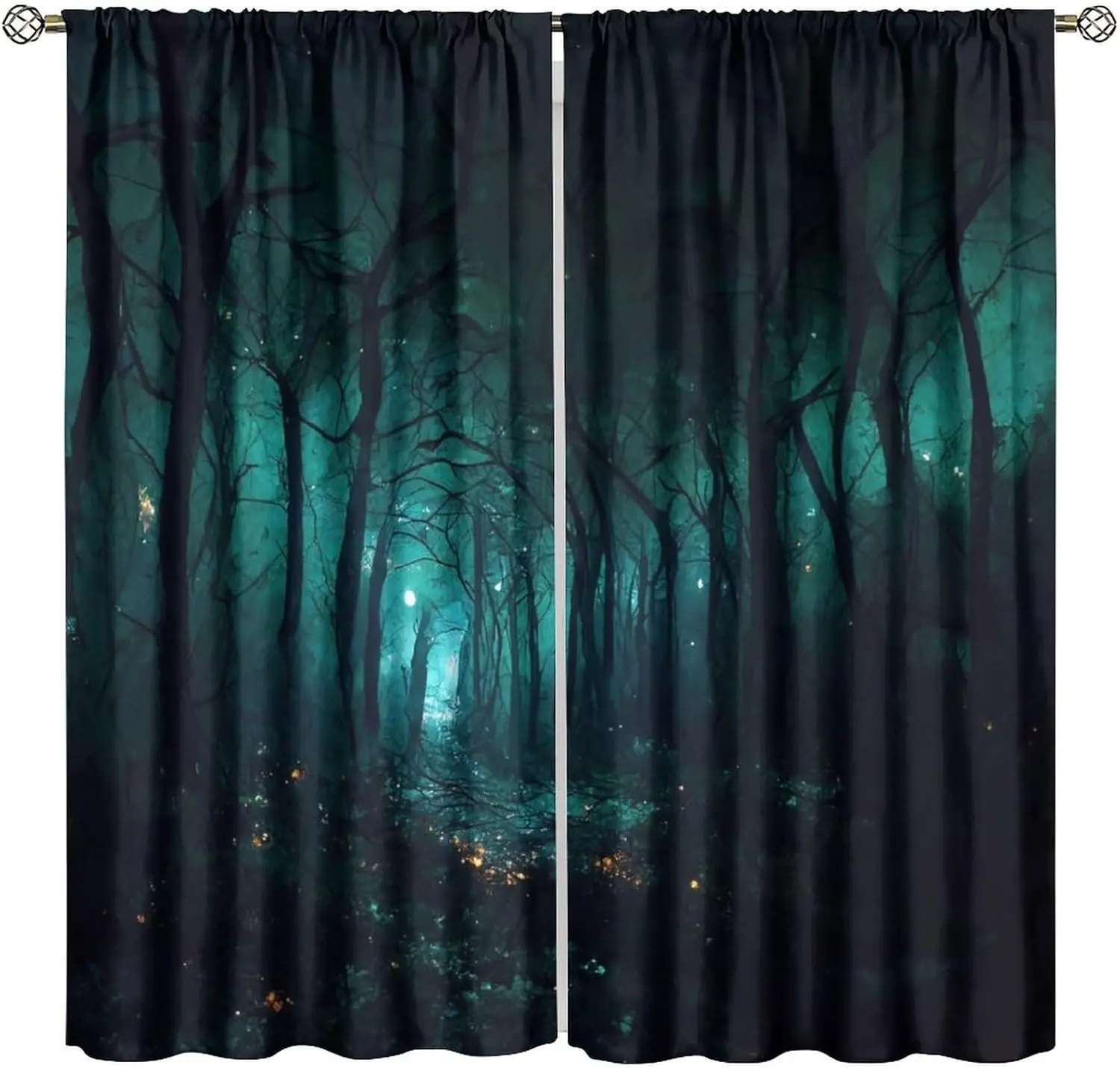 Gothic Forest Curtains, Darkness Spooky Window Treatments, Creepy Horror Dark Tree Halloween Fireflies Window Drapes for Bedroom