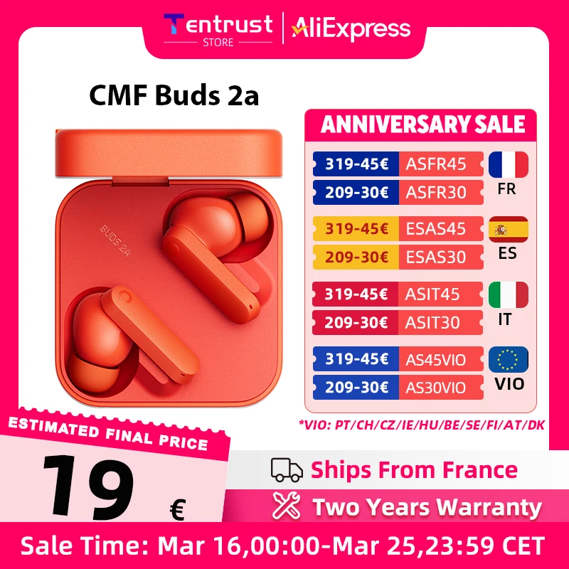 Versione globale CMF Buds 2a Driver da 12,4 mm 42dB ANC 4HD Microfo...