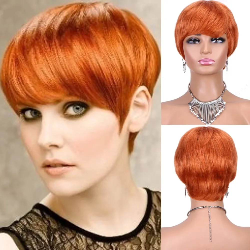 Machine Made Orange Short Layered Human Hair Wigs with Bangs Ginger Pixie Cut Human Hair Black Wigs Party Daily Use