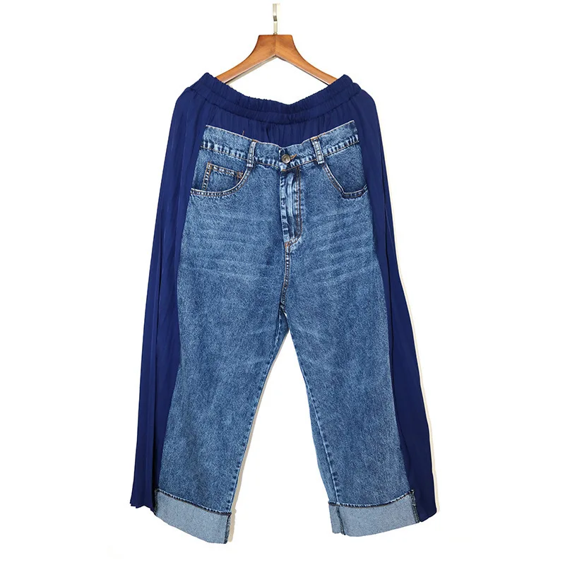 Cintura elástica 2025 verão feminino denim emenda plissados calças de perna larga personalidade solta retro cor bloqueando calças lhx3113