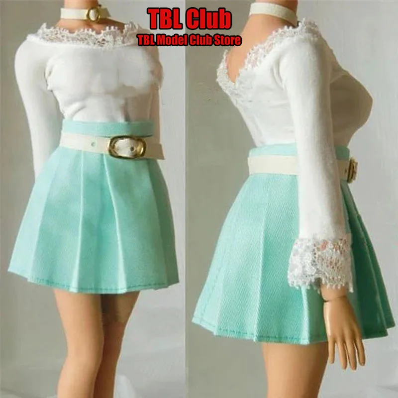 1/6 Female Soldier White Lace Slim Long Sleeves Pullover Cyan High Waist Pleated Skirt Set Fit 12inch Action Figure Body Doll