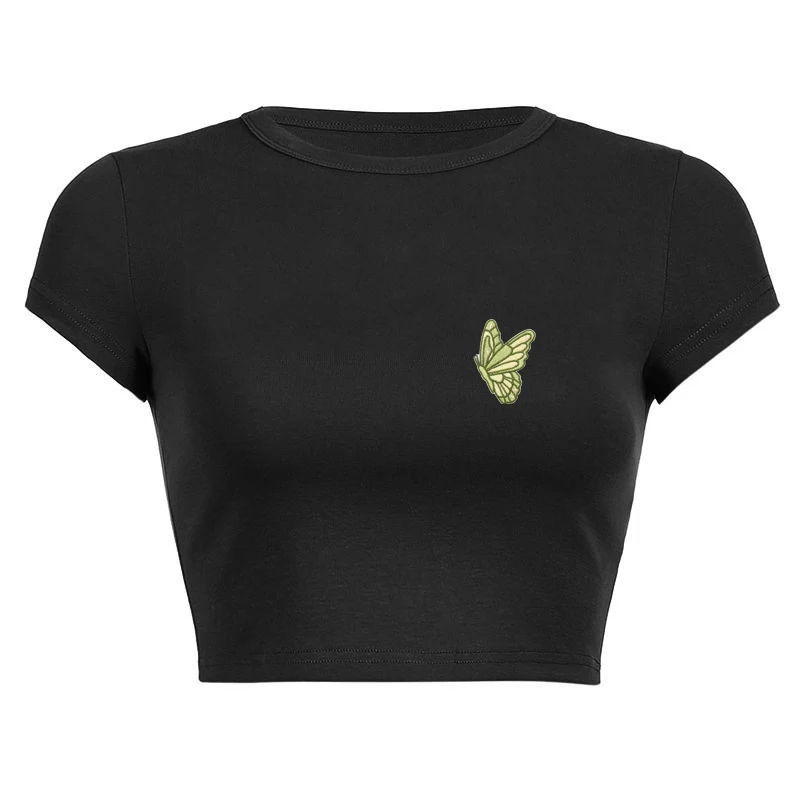 Summer Short Sleeved Slim Fit Round Neck Casual Black Crop Tops Sexy Embroidery Cute Butterfly Bow Tie T-shirts Streetwear 2025
