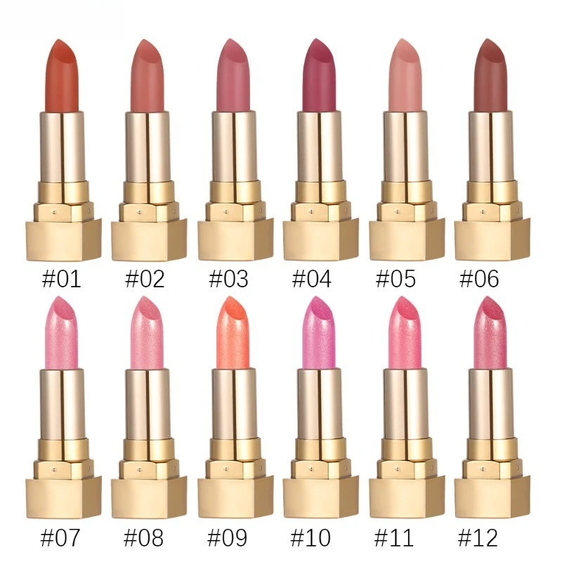 6 ألوان الذهب أنبوب أحمر الشفاه ماتي لامع أحمر الشفاه مقاوم للماء غير تتلاشى لامع اللؤلؤ تألق الأحمر ملمع الشفاه ماكياج