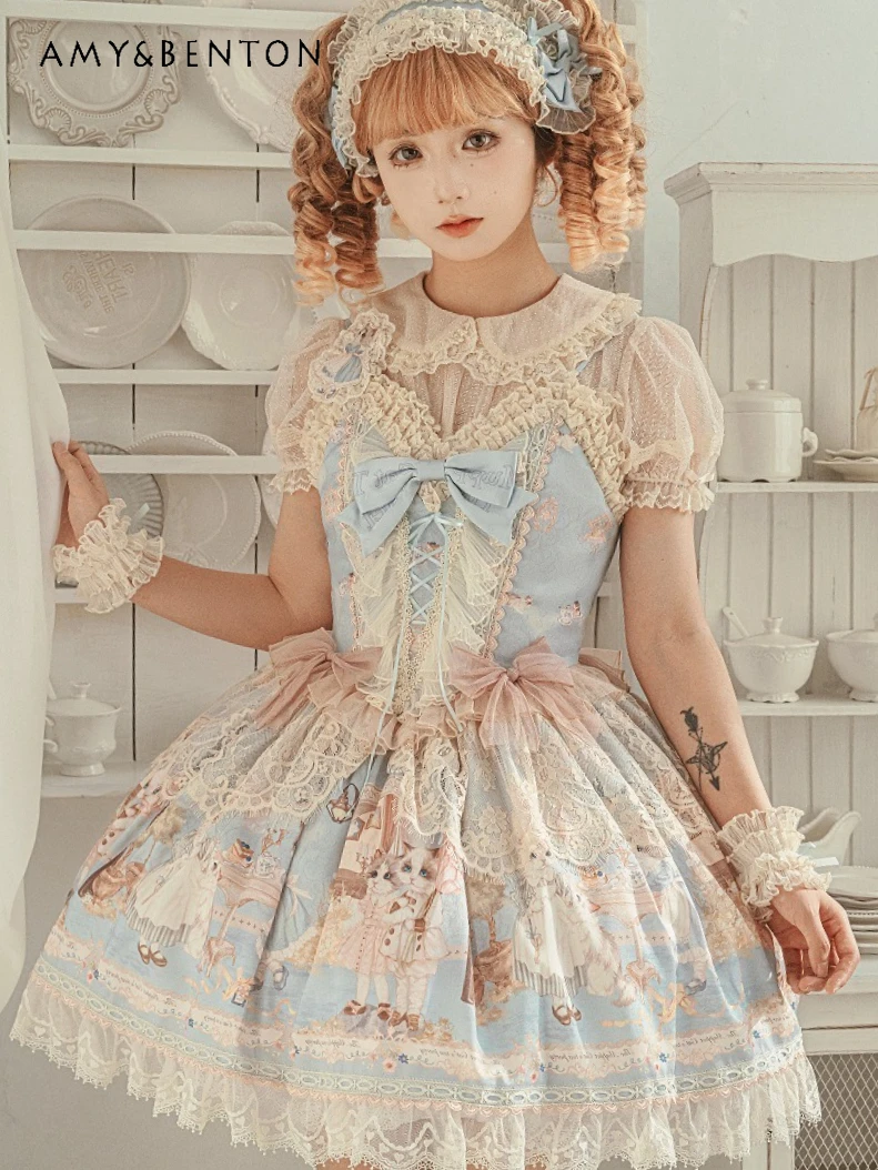 Japanese Elegant Lolita Cute Sweet Ballet Style Princess Evening dresses Sweet Bowknot Strapless Slim Mini Dress JSK Puff Dress