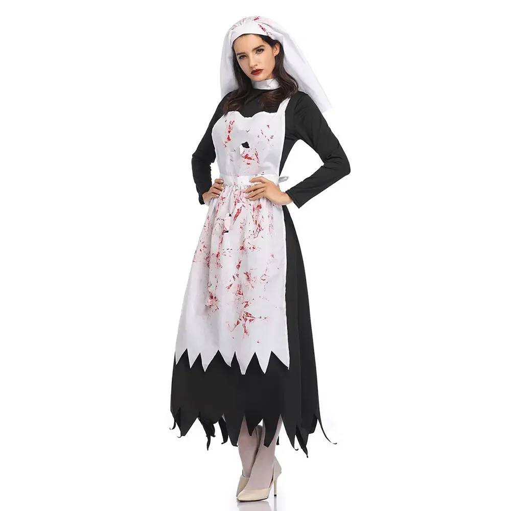 Horror Bloody Nun Kostuum Cosplay Enge Vrouwen Halloween Party Fancy Dress