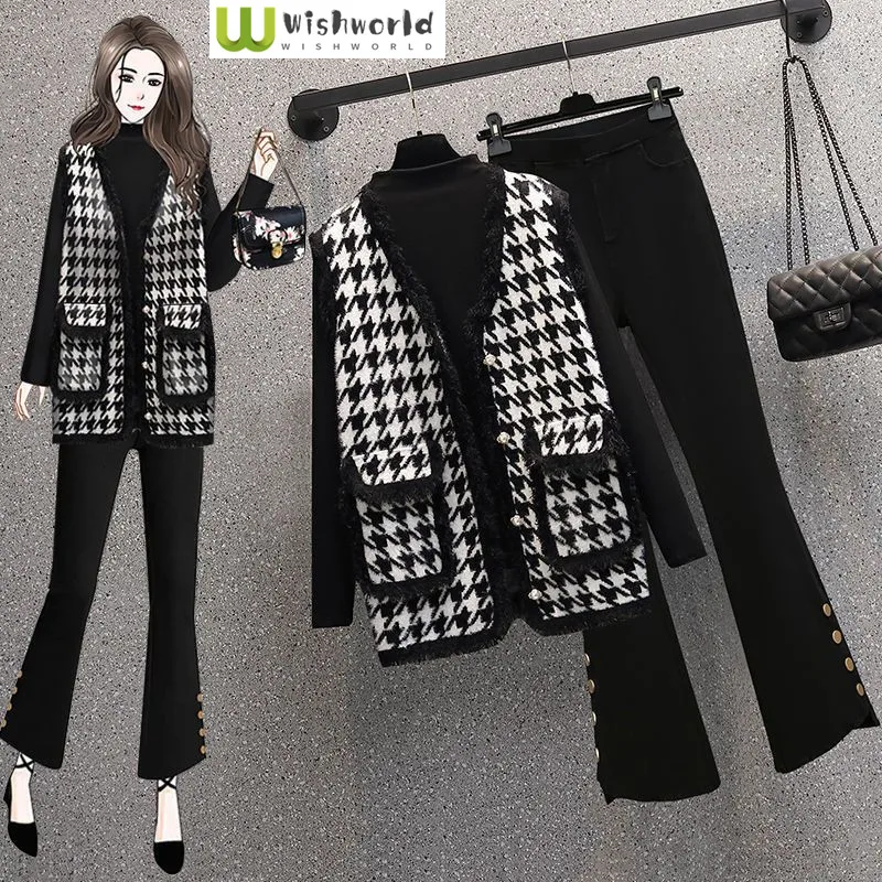 

Spring and Autumn New Black and White Plaid Tank Top Slim Fit Top Age Reducing High Waist Casual Pants Three Piece Set