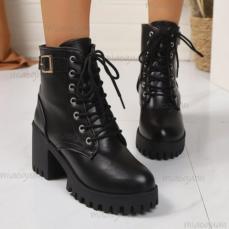 

Autumn New Thick Heel Leather Boots Black Round Head Lace-up Ankle Boots for Women High Heeled Belt Buckle Female Short Botas