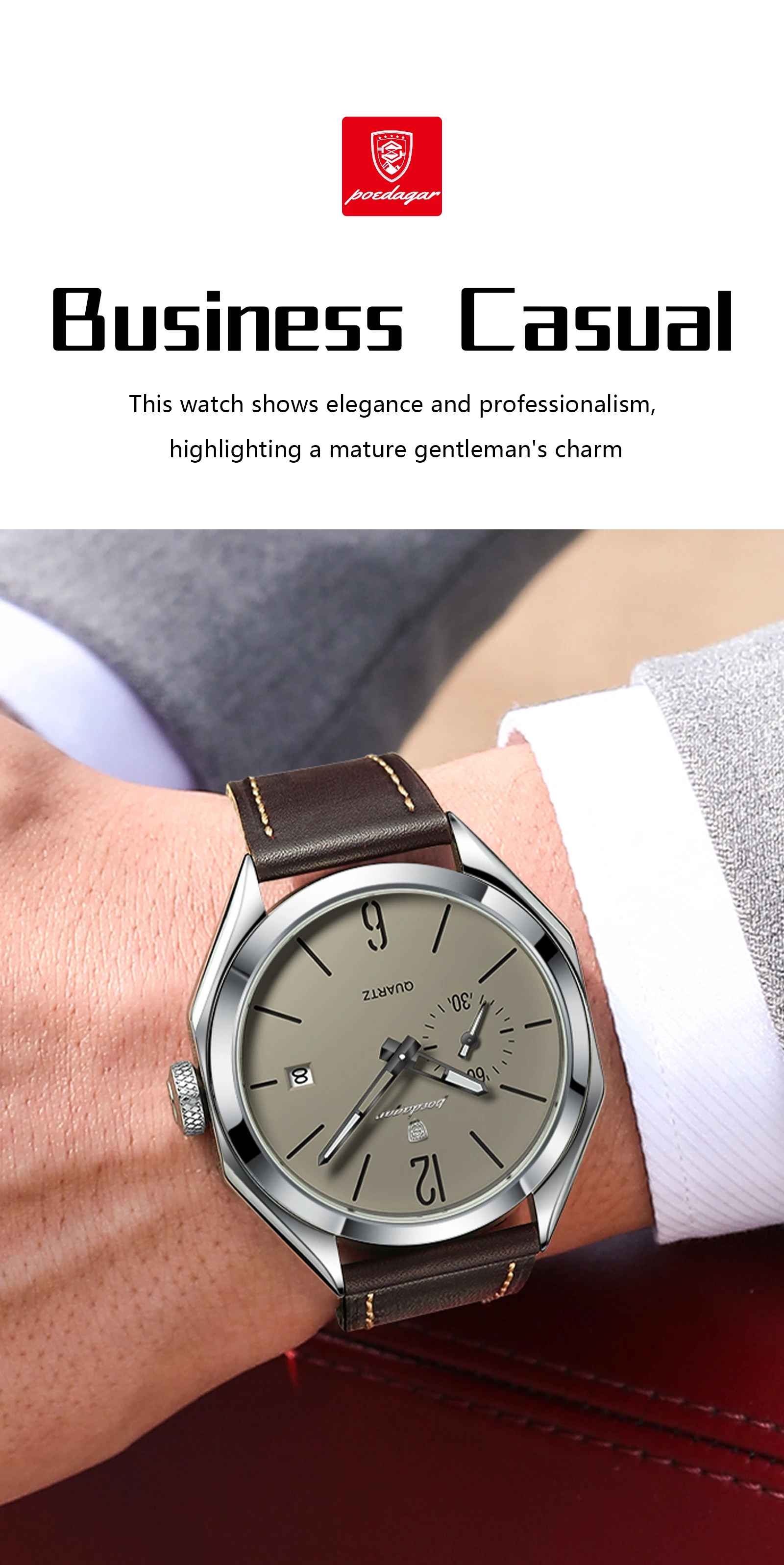 POEDAGAR Top-Mode Herrenuhr, Business, wasserdicht, leuchtend, Lederarmbanduhr, Datum, hochwertige Quarzuhr, Herrenuhr, Reloj – Detail 6