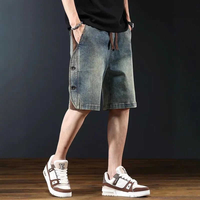 KIDWHXR Man Summer Shorts American Retro Patchwork Washed Men Knee Length Pant Loose Straight Drawstring Male Casual Shorts