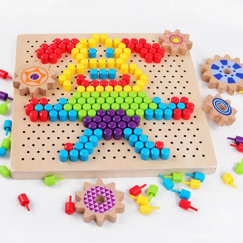 Wood Jigsaw blocks toy Variety mushroom nail pixel painting Wooden mushroom nail assembling board Baby intelligence growth toy