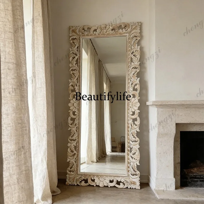 BBB  French long size fitting mirror retro engraved dressing mirror European style home clothing store landing