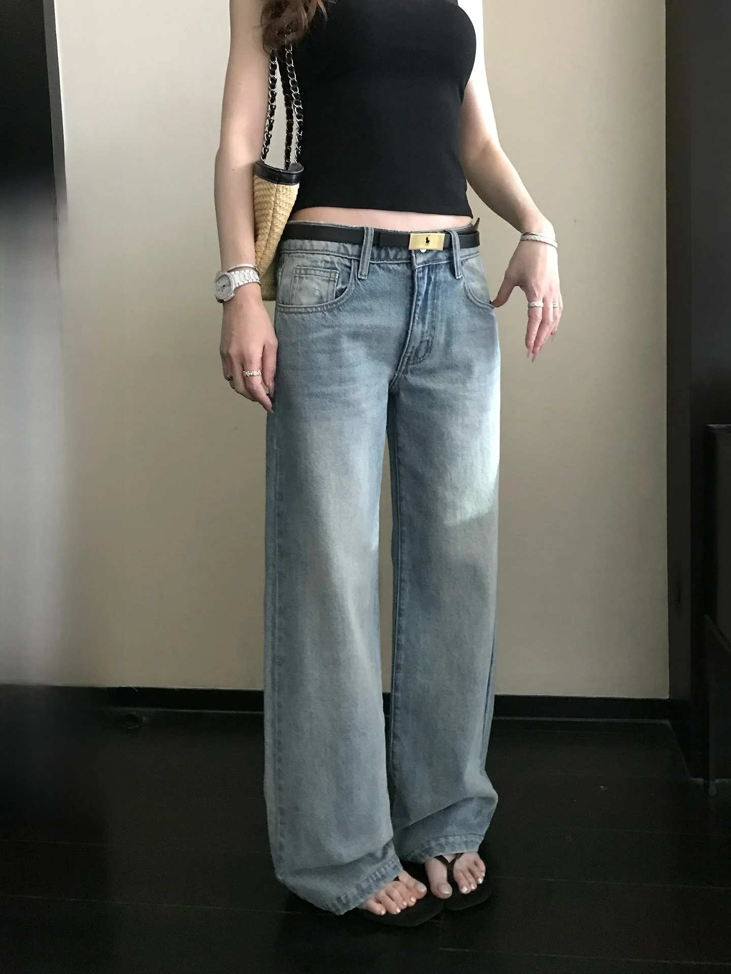 

Skk Store Light Wash Low Waist Straight Leg Jeans Women's Summer Casual Cotton Denim Dreamy Vintage Style