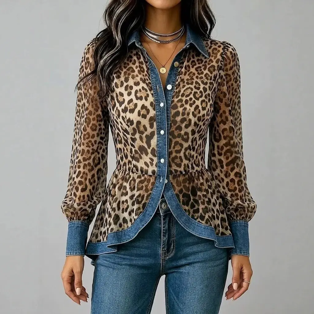 

Denim Trim Leopard Print Women's Blouse 2026 Turndown Collar Long Sleeve Button Down Elegant Slim Top for Spring Summer