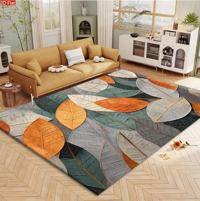 Abstract Cascading Autumn Leaves Carpet Orange Teal Gray Plant Pattern Non-Slip Carpet Mat Suitable for Living Room Bedroom Home Decor