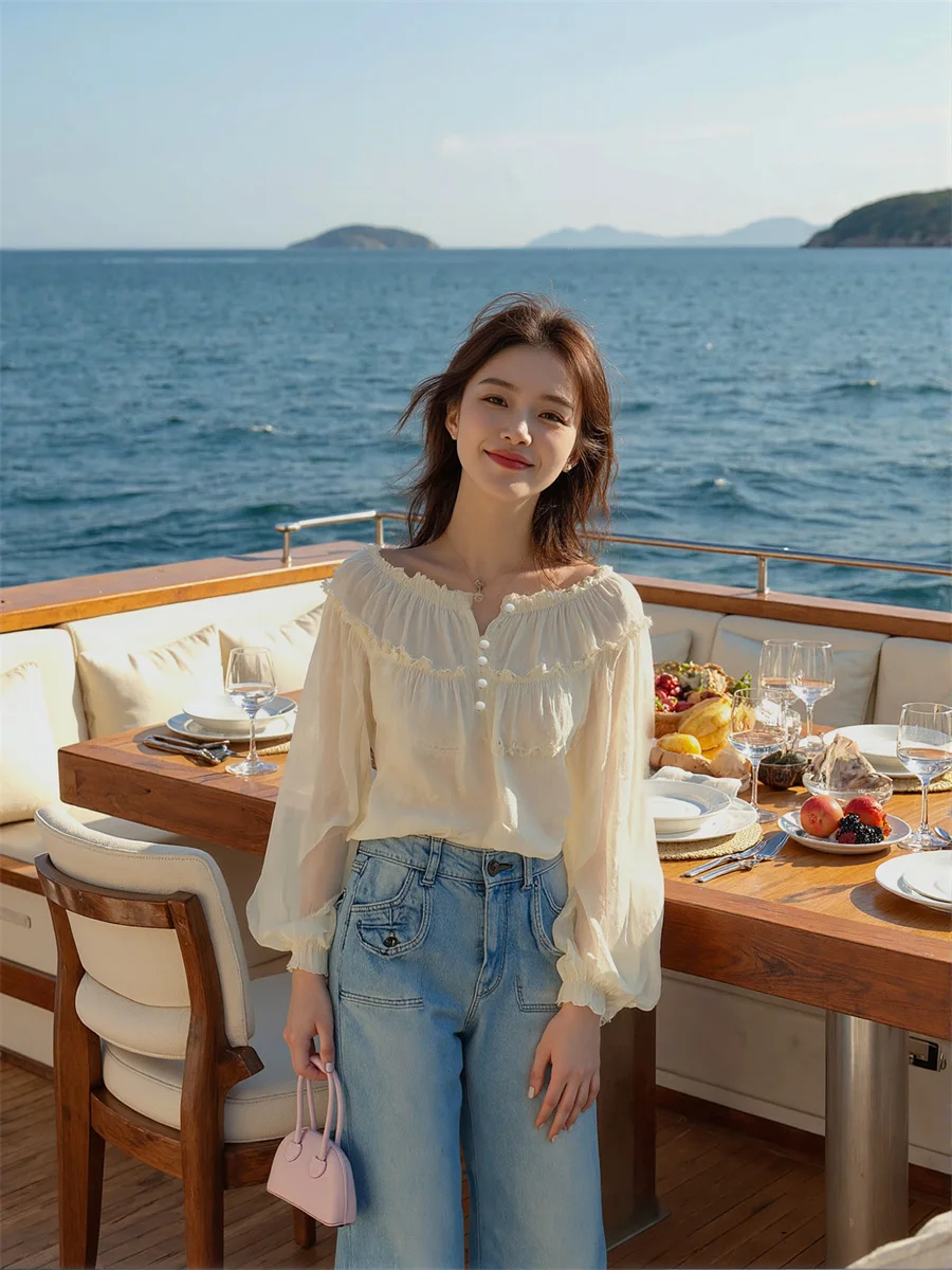 

Рубашки женские с длинным рукавом-фонариком абрикосовые Y2K Эстетический уличный модный стиль Простые базовые минималистичные хлопковые блузки на пуговицах спереди