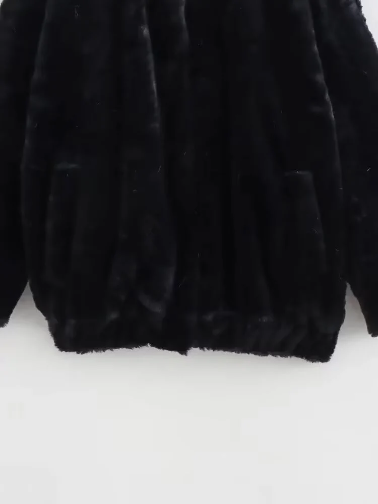 European style new women's fashionable and versatile elegant simple solid color faux fur bomber jacket