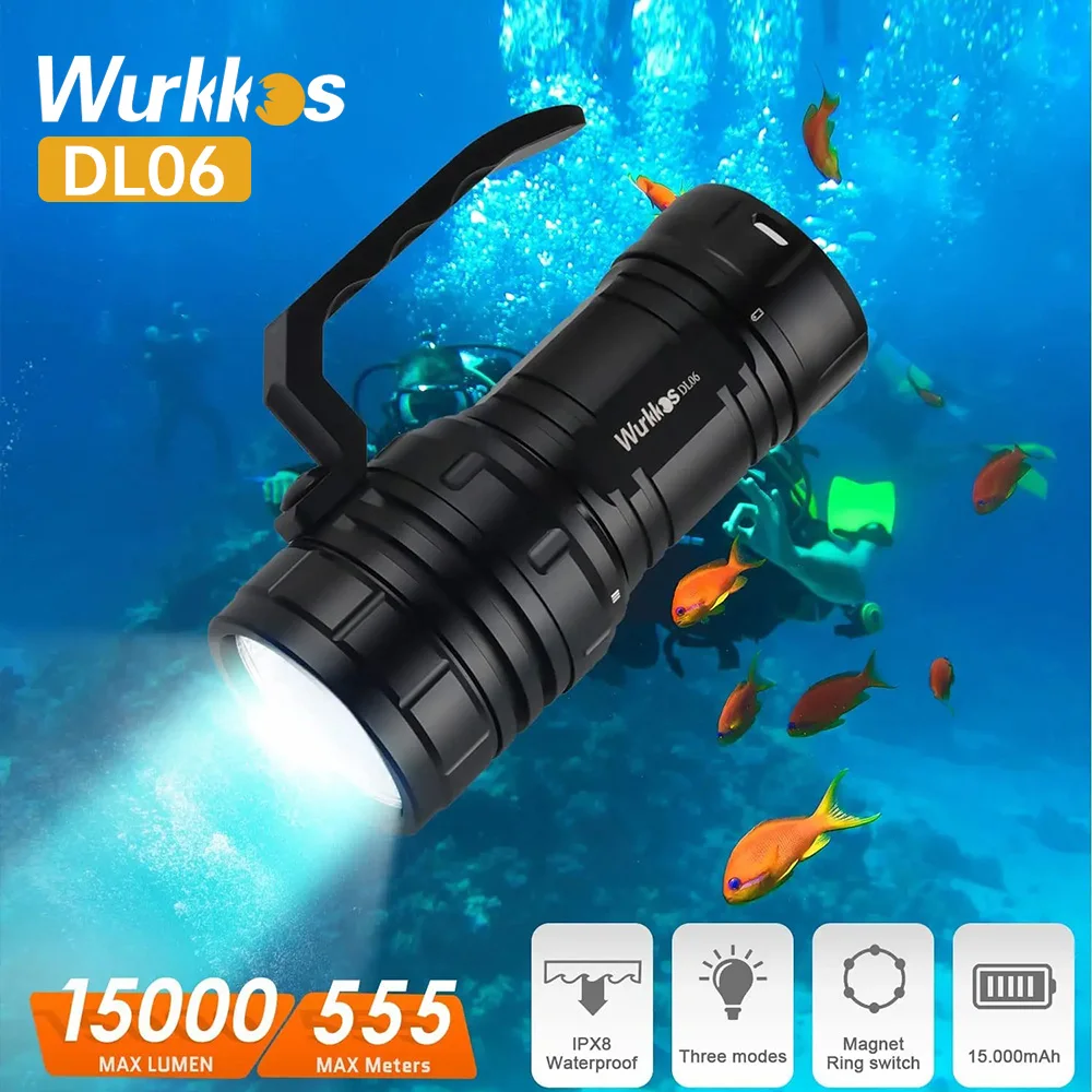 Wurkkos DL06 Professional Scuba Diving Flashlight IPX8 3*21700 Battery Super Bright 15000LM USB Reverse Charge 6 * XHP50.2