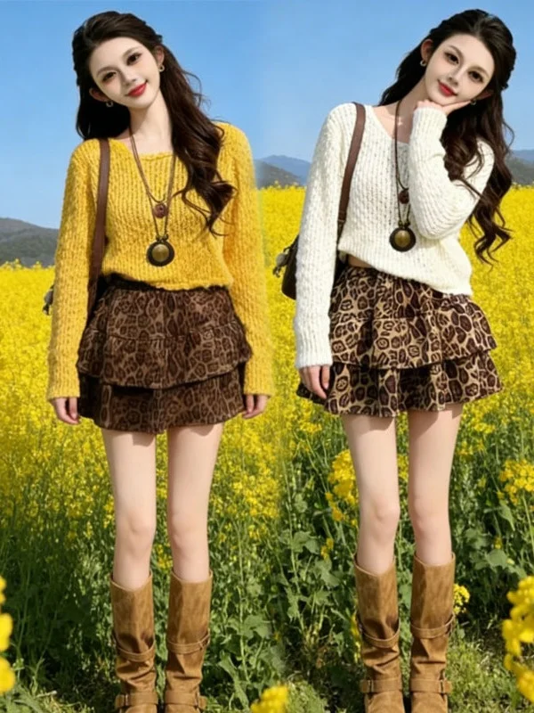 

Модный корейский комплект 2026: Новый весенний свободный вязаный топ и юбка с ретро-леопардовым принтом, комплект из двух предметов для женщин