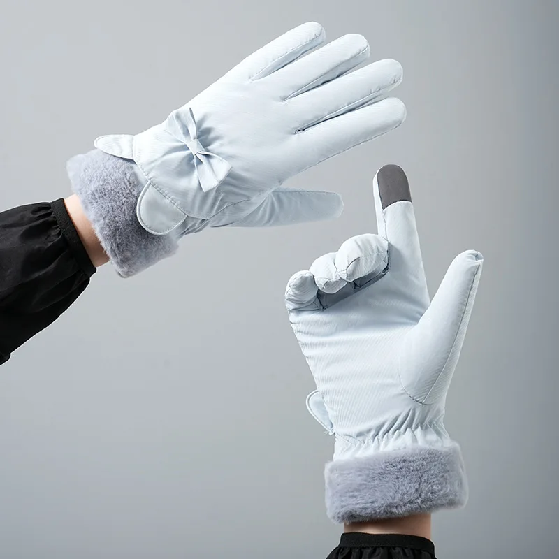 冬暖かい手袋女性のためのプラスベルベット肥厚防水防風かわいい弓学生屋外サイクリングタッチスクリーンスキー手袋