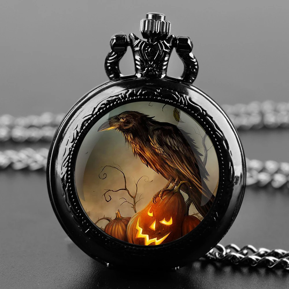 

Halloween Costume Crow Glass Dome Quartz Pocket Watch With Durable Chain Arabic Numeral Dial Creative Gifts for Men Women