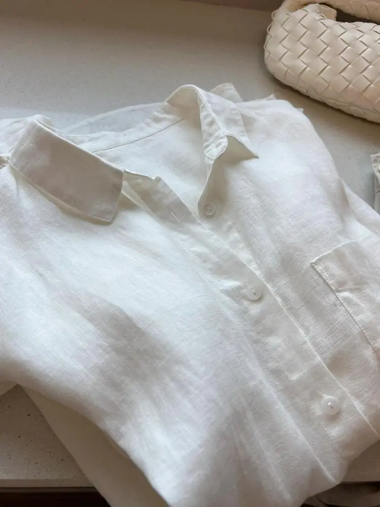 موصى به! قميص نسائي كاجوال من الحرير والكتان بياقة، أبيض اللون، تصميم ربيعي جديد على الطراز الكوري، قصة مستقيمة بأكمام طويلة