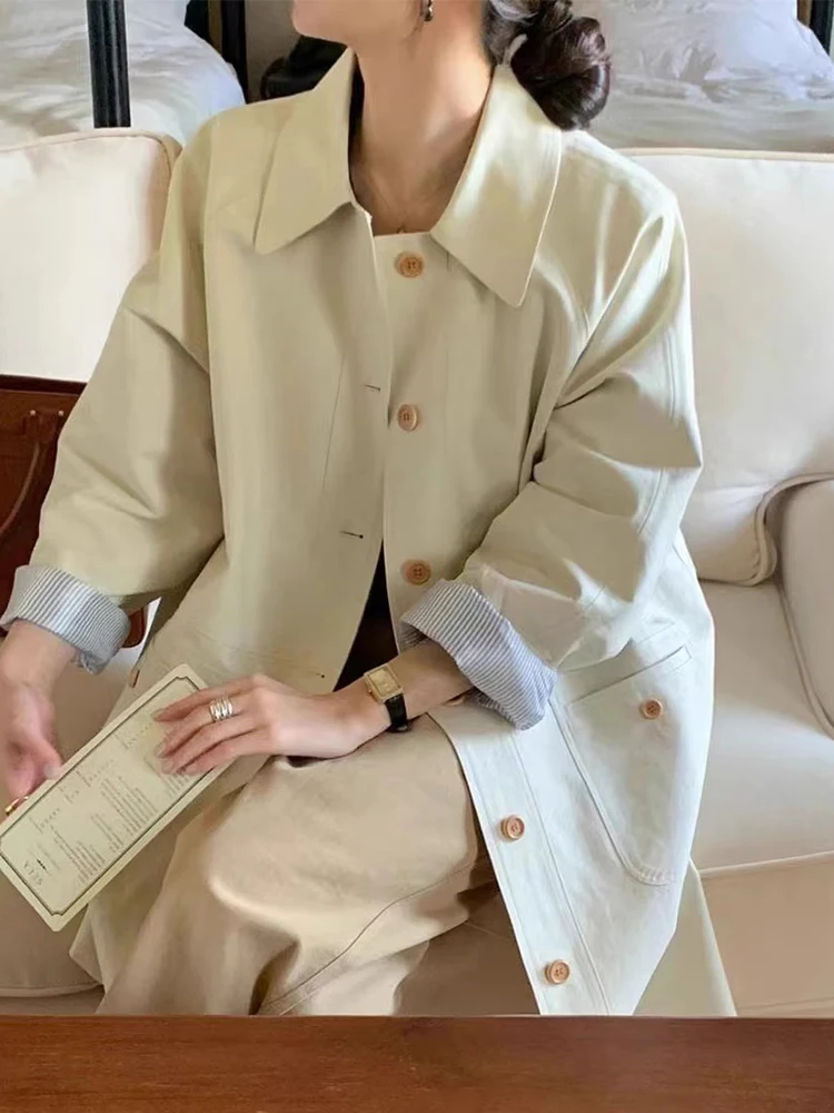 エレガントな秋のロングシングルボタンダブルポケットショールカラーカジュアルレディースウインドブレーカーコートシックな通勤韓国風ルーズフィット