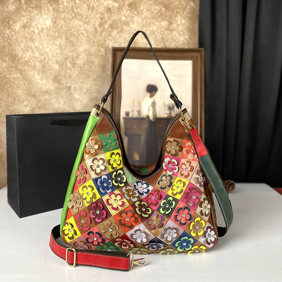 

2026 New single-shoulder layer cowhide tote bag with colorful floral patterns, fashionable and casual crossbody bag