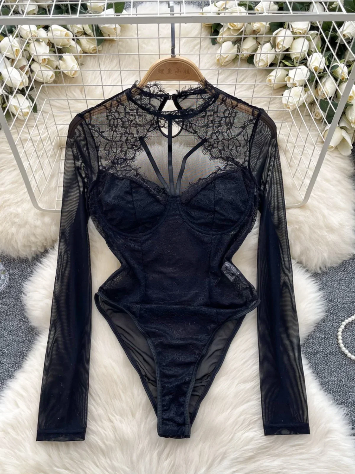 Foamlina European American Ins Long Sleeve Jumpsuit Women's Pure Desire Sexy Hollow Halter Thin Lace Slim Fitting Bodysuit Top