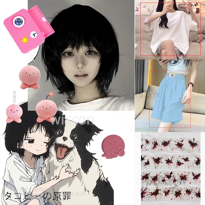 Anime Takopii Original Cosplay Top Pants Black Wigs Props Accessory Ribbon Doll Key Cahin Press Camera Set Halloween Women Party