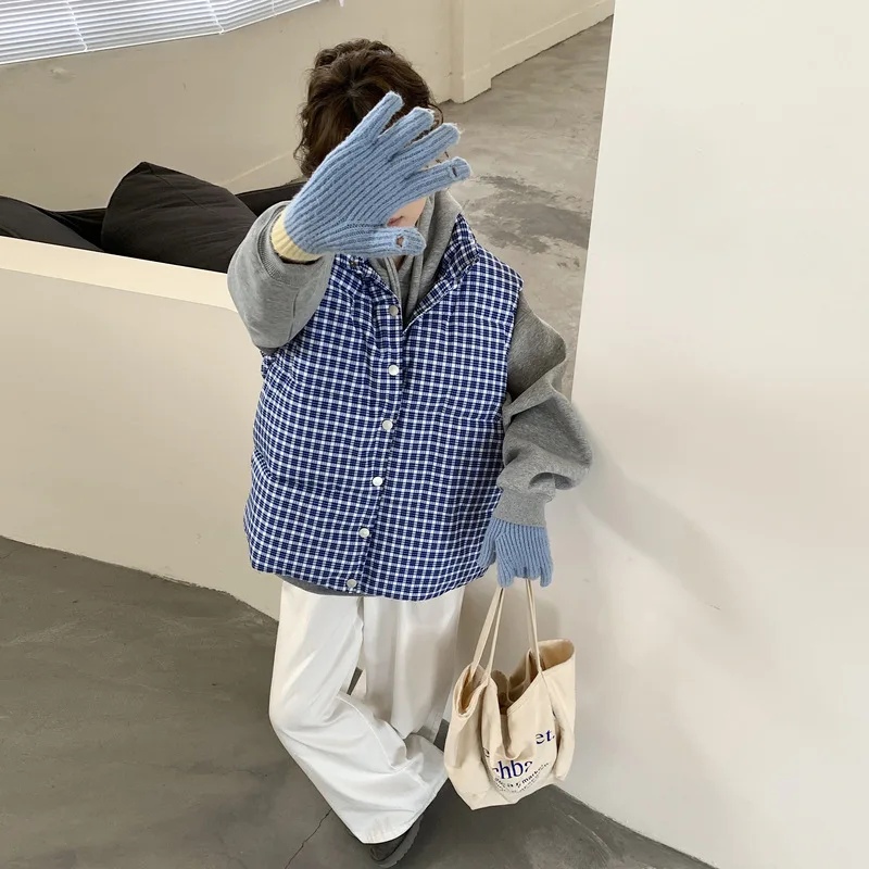 Plaid Women Parkas Vest Coat Sleeveless Jacket Stand Collar Single Breasted Thick Straight Fit Casual Office Lady 2025 Winter