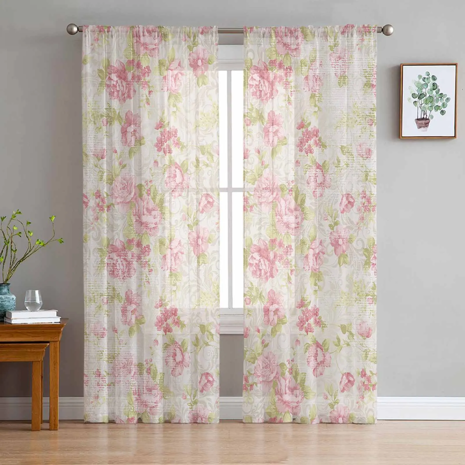 Flower Illustration Camellia Retro Sheer Curtains for Living Room Transparent Tulle Window Curtain Bedroom Chiffon Voile Drapes