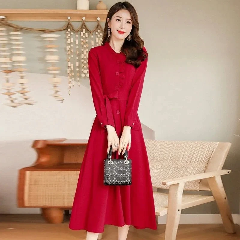 

Spring 2024 Waist Cinching Dress New Trend Linen Fashion Slimming Temperament Long Sleeved Knee Length Skirt