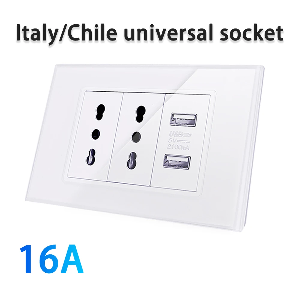 

Italy/Chile 16A socket tempered glass panel 2USB fast charge dual socket 16A wall household power plug