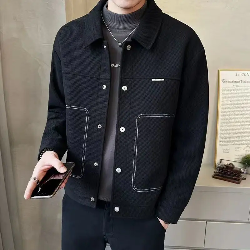 Fashion Lapel Button Spliced All-match Solid Color Jackets Mens Clothing 2023 Autumn Winter Loose Casual Tops Korean Coats