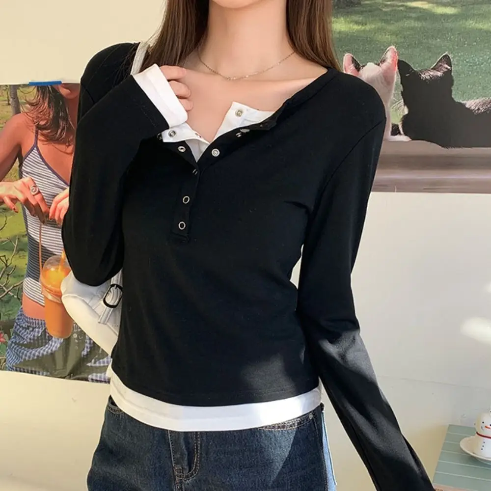 Vネック長袖トップス パッチワーク レトロデザイン フェイクツーピース Tシャツ ラペルカラー スリムフィット レディース レイヤリングTシャツ 室内着用 1