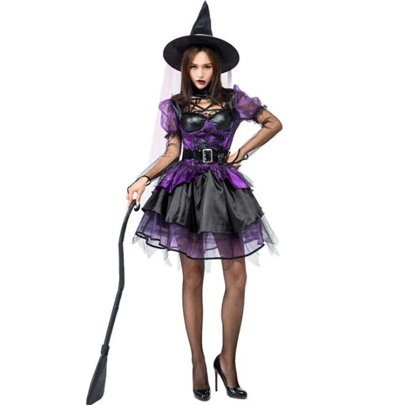 Precioso disfraz de bruja de tutú púrpura para mujer, ropa de Cosplay para adultos, fiesta de Halloween