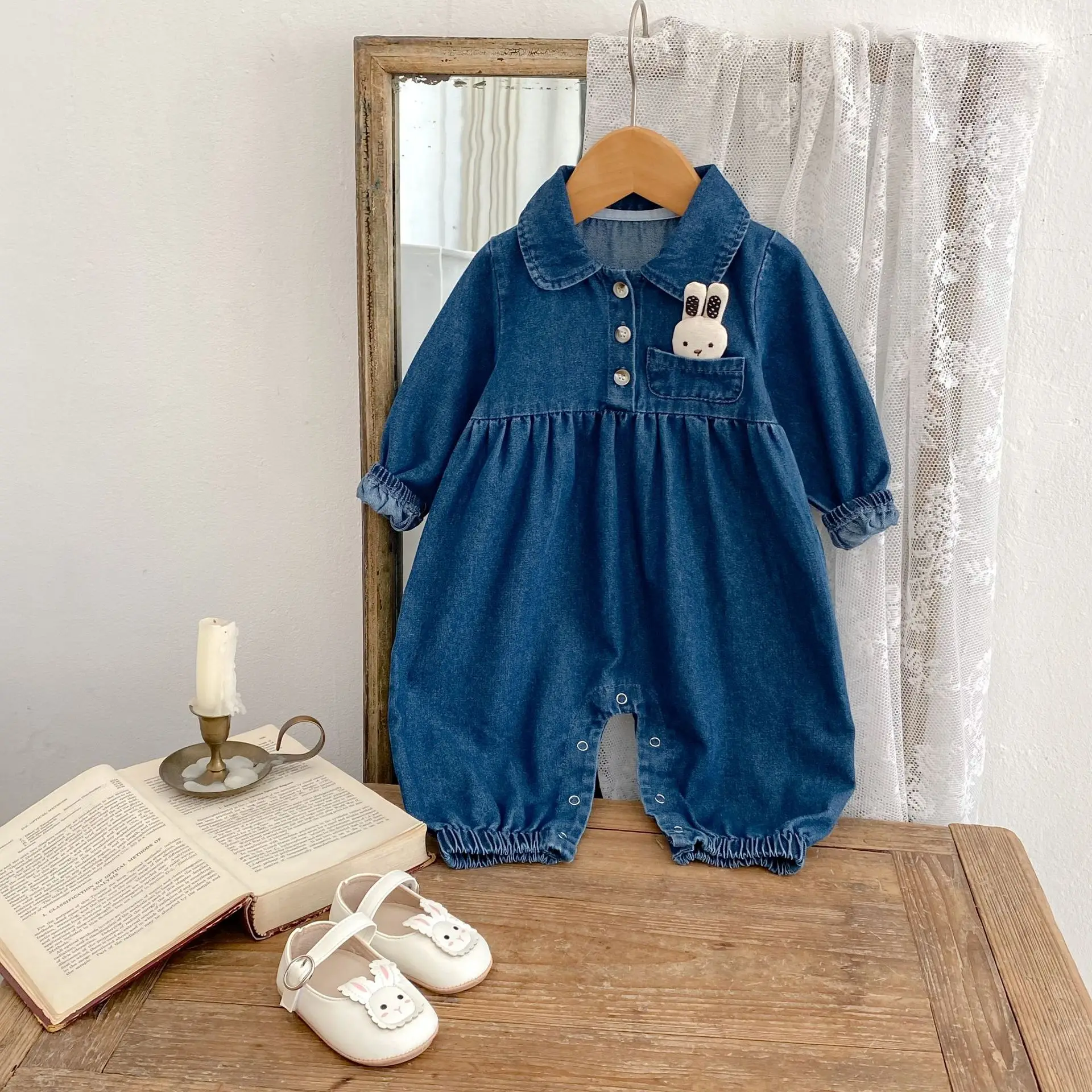 

‌2025 Autumn Baby Denim Overalls Korean Style Peter Pan Collar Infant Jumpsuit Long Sleeve for Boys Girls Playsuit