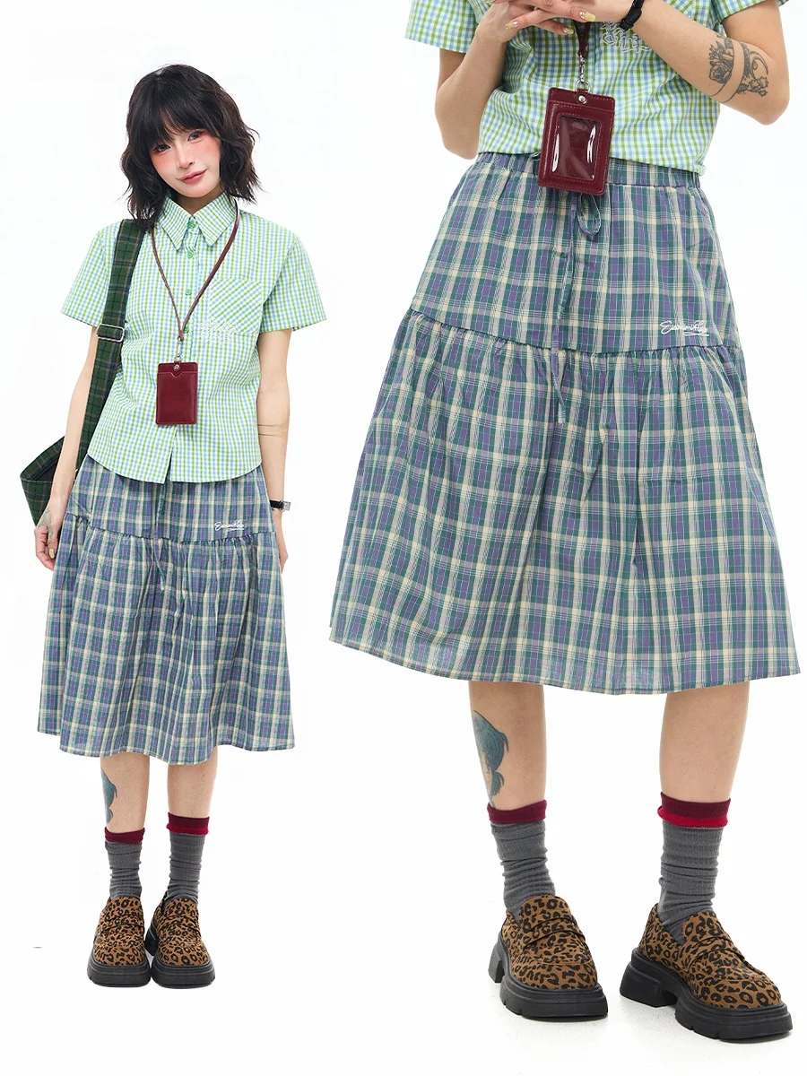 

Женская юбка Sanowers в американском ретро-стиле, в клетку, А-силуэт, весна-лето, с завышенной талией, утягивающая, миди, многоярусная