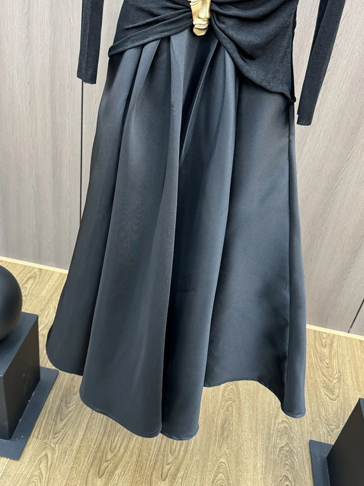 VGH Sexy Chic Dark Style Dress For Women Square Collar Long Sleeves High Waist Pathcwork Large Pin Puff Skirt With Straps Female