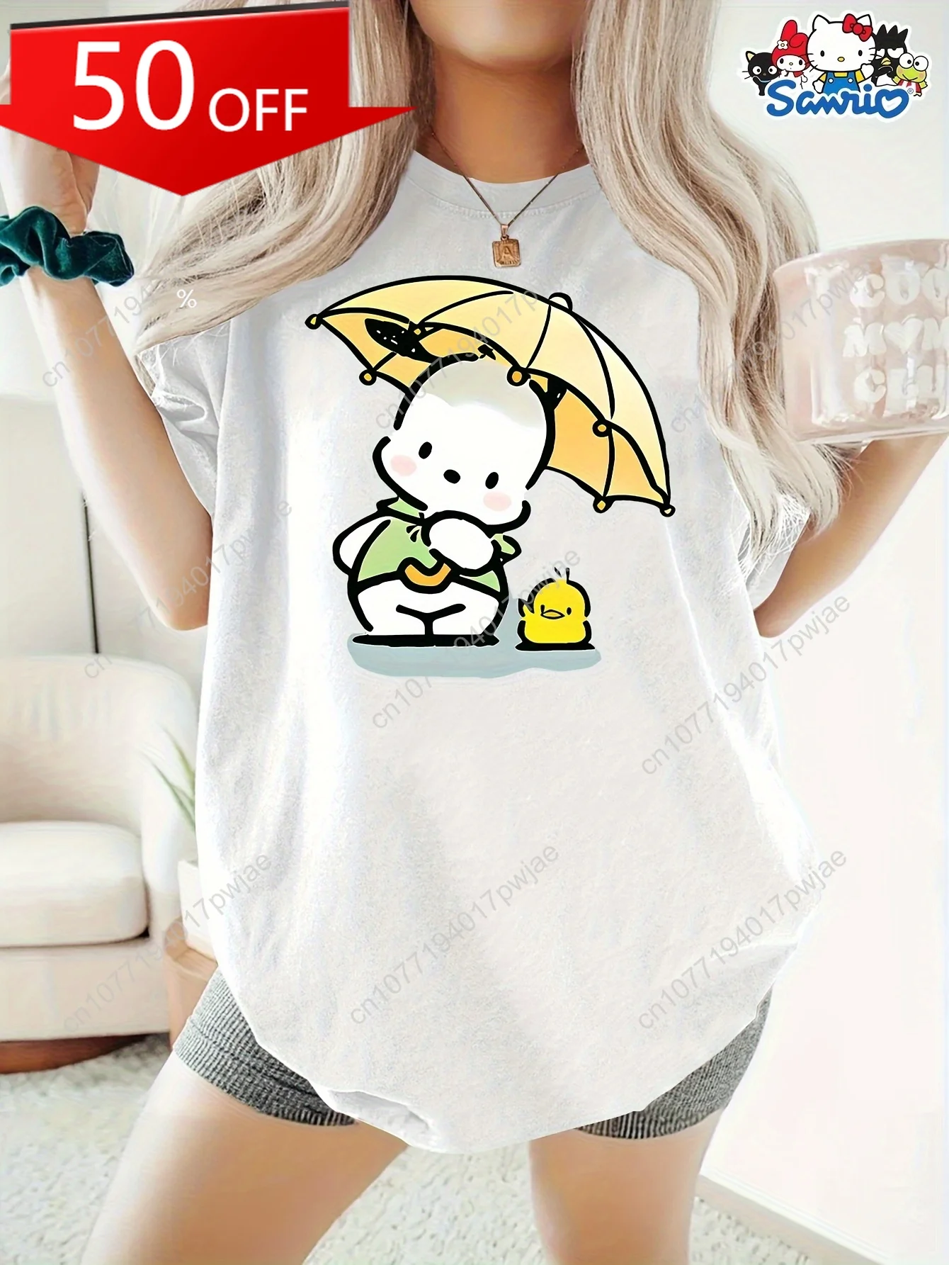 

Sanrio Official Pochacco Umbrella T-Shirt for - Cute Anime Pochacco & Umbrella Print, Breathable Short Sleeve Round Neck Tee,