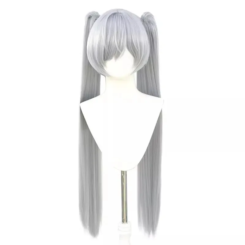 لعبة سندريلا الشعر الاصطناعية 90 سنتيمتر طويل فضي رمادي مزدوج ذيل حصان تأثيري أنيمي شعر مستعار مقاومة للحرارة الشعر هالوين شعر مستعار للحفلات